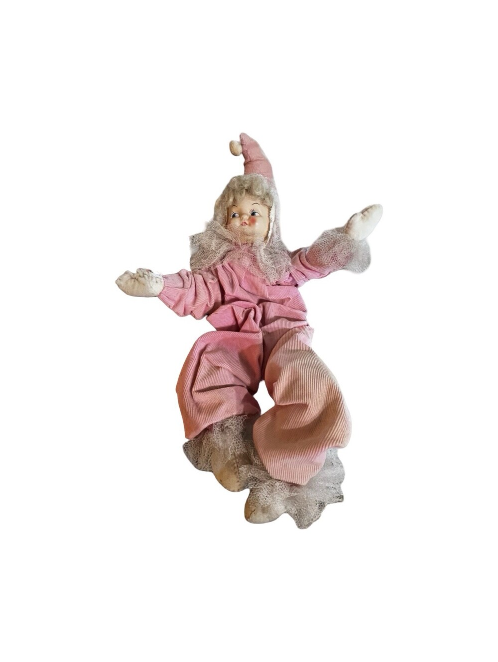 VTG 1950's Pink Satin Posable Boudoir Doll 16”Pixie Elf Knee Hugger Bed Clown